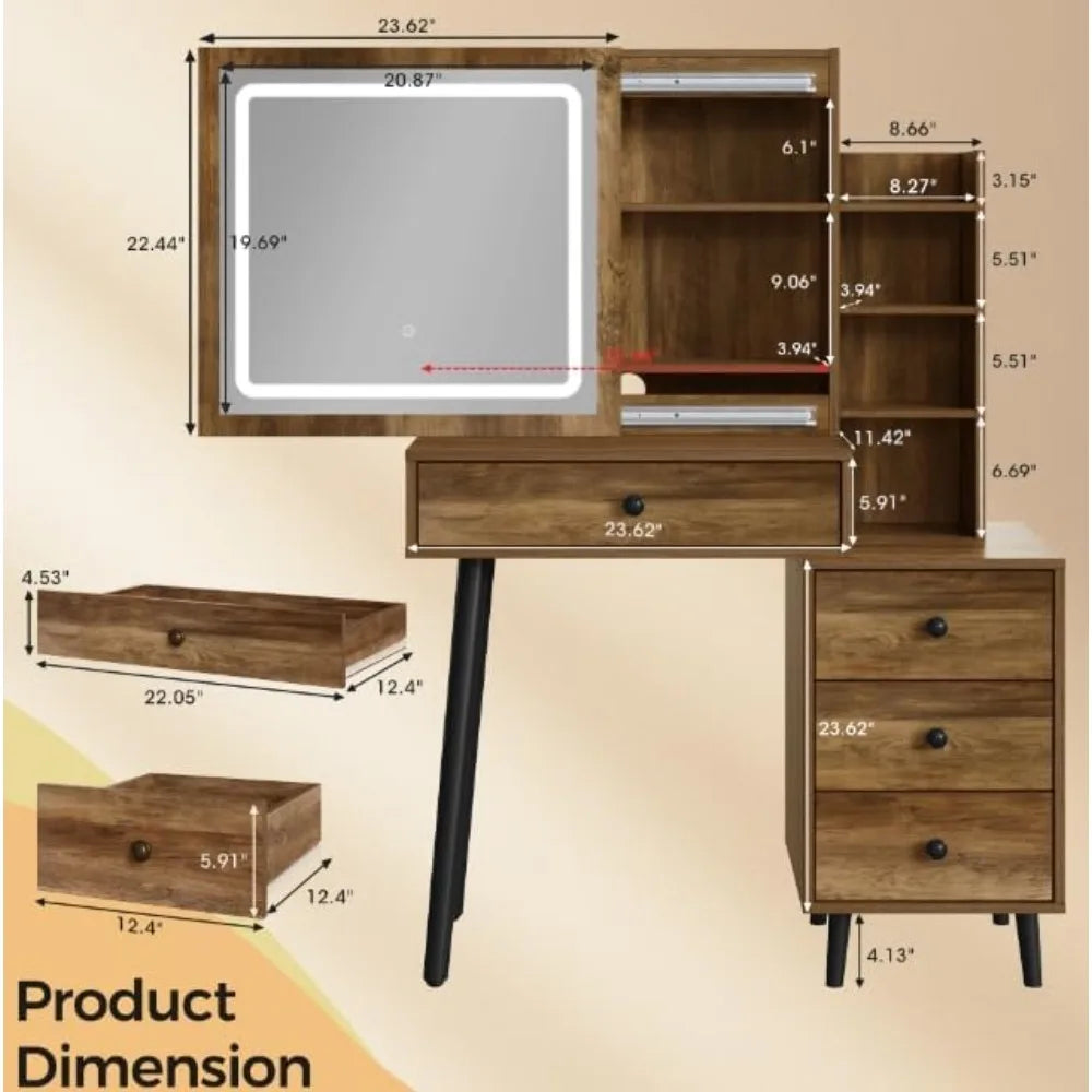 Vanity Desk with Sliding Mirror and LED Lights, 2 in 1 Wooden Makeup Vanity Desk with Sliding Mirror, Medium Makeup Table