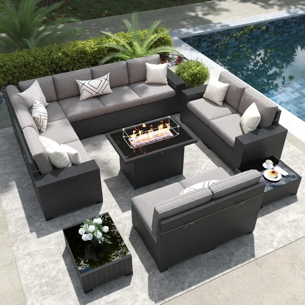 13 Pieces Outdoor Patio Furniture Set with 44" Fire Pit Table Brown Rattan Sectional Sofa Conversation Sets