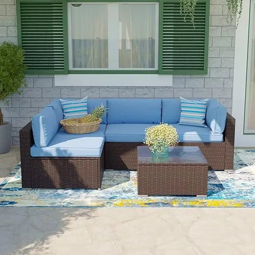 5-Piece Outdoor Wicker Sofa, in Off White Cushions, Wicker Patio Furniture Set W Glasstop Table, Garden Furniture Sets