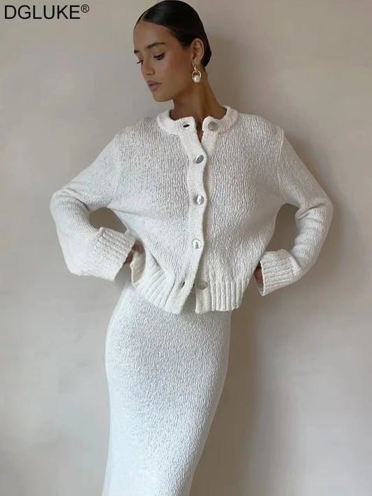 DGLUKE White Knitted Set Woman 2 Pieces Outfit Long Sleeve Cardigan Sweater And Long Skirt Sets Fall Winter New In Matching Sets