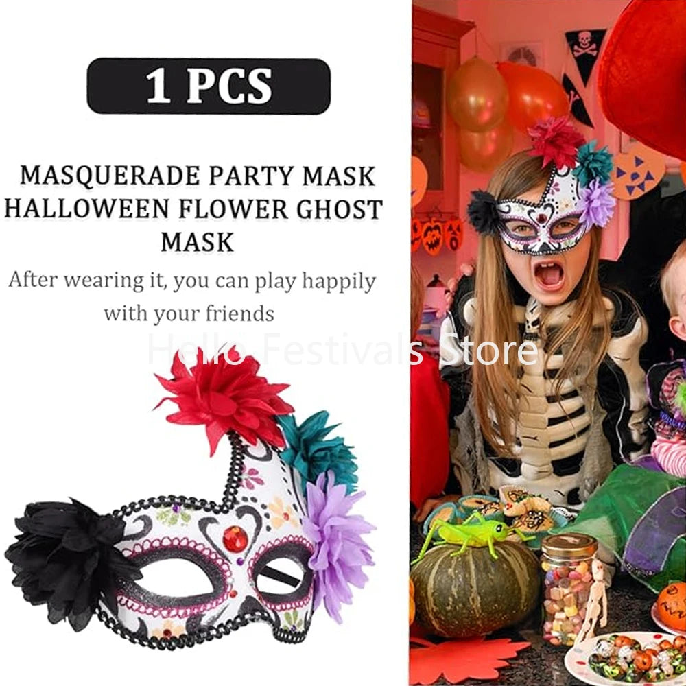 Day of The Dead Masks Masquerade Ball Halloween Cosplay Women Performance Party Accessories with Flower Ghost Mask for Men Kids