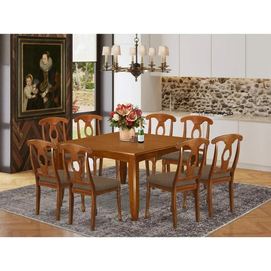 9 Piece Kitchen Table & Chairs Set Includes a Square Dining Table with Butterfly Leaf and 8 Linen Fabric Dining Room Chairs