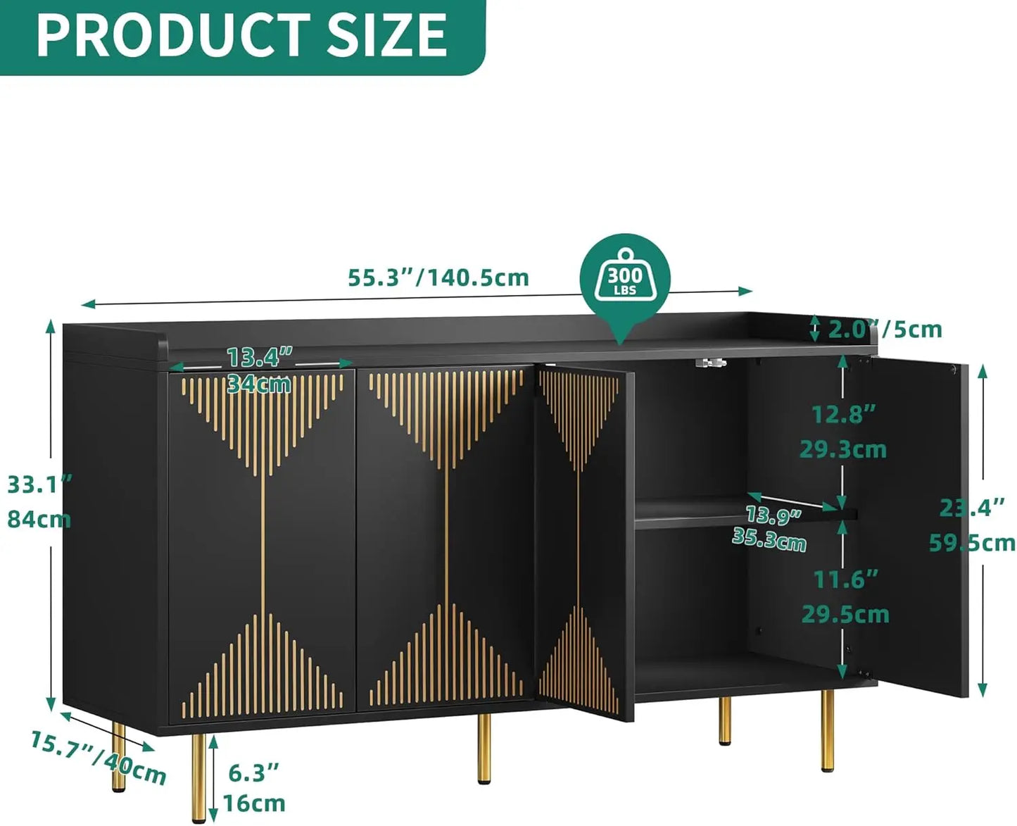 Sideboard Cabinet, 55 Inch Modern Coffee Bar Cabinet with Storage for Carved Design, Large Buffet Cabinet with Rebound