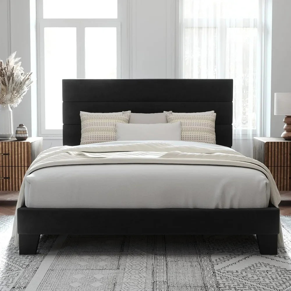 Queen Size Platform Bed Frame with Velvet Upholstered Headboard and Wooden Slats Support, Fully Upholstered Mattress