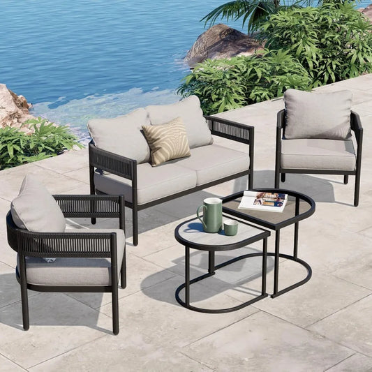 5-Piece Outdoor Furniture Set, withThick Cushions and Coffee Table, Wicker Sofa Conversation Set for Backyard, Outdoor Sofa Sets