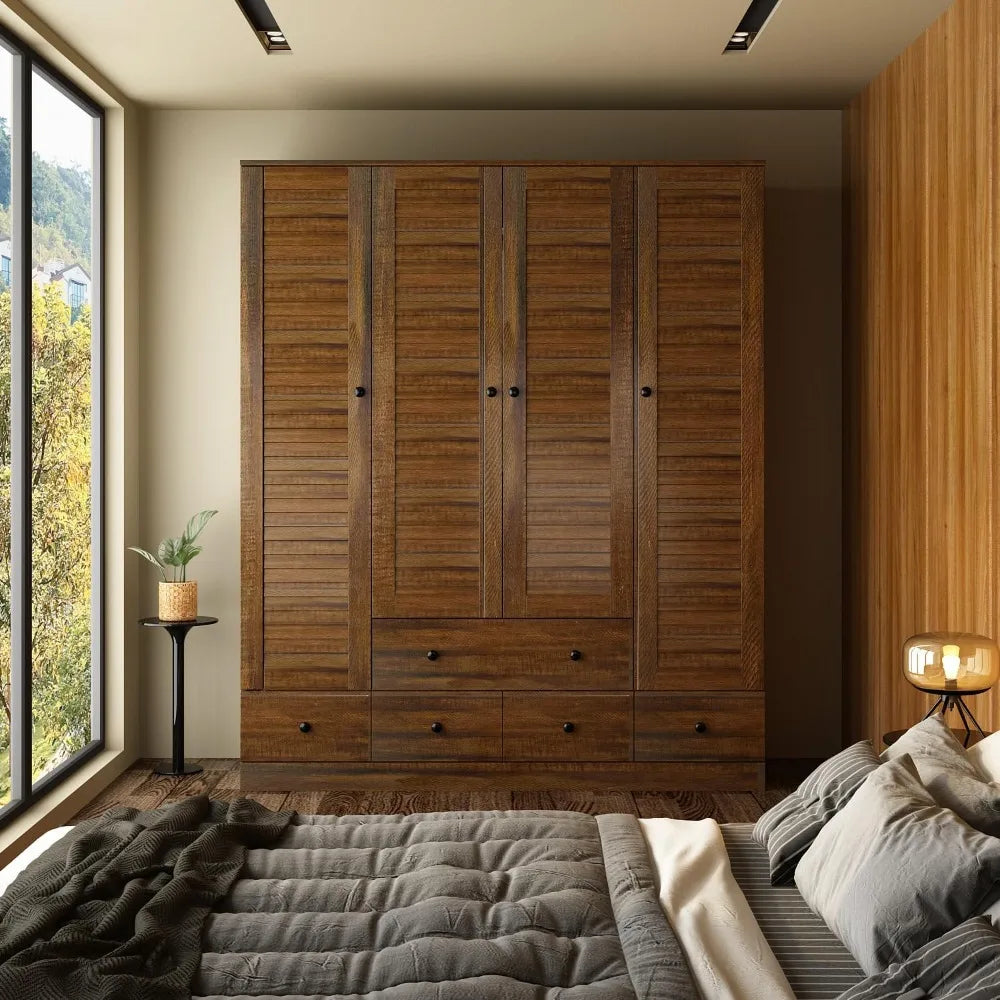 Wardrobe Armoire with 4 Louvered Doors, Wardrobe Closet for Bedroom with Hanging Rod & 5 Drawers, Bedroom Armoire Free shipping