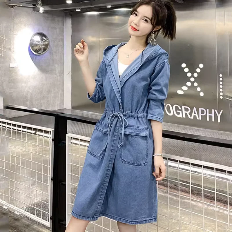 Leisure Jeans Windbreaker Coat Women's Overcoat New Spring Autumn Korean Loose Tape Long Hooded Denim Trench Coat Female Outwear