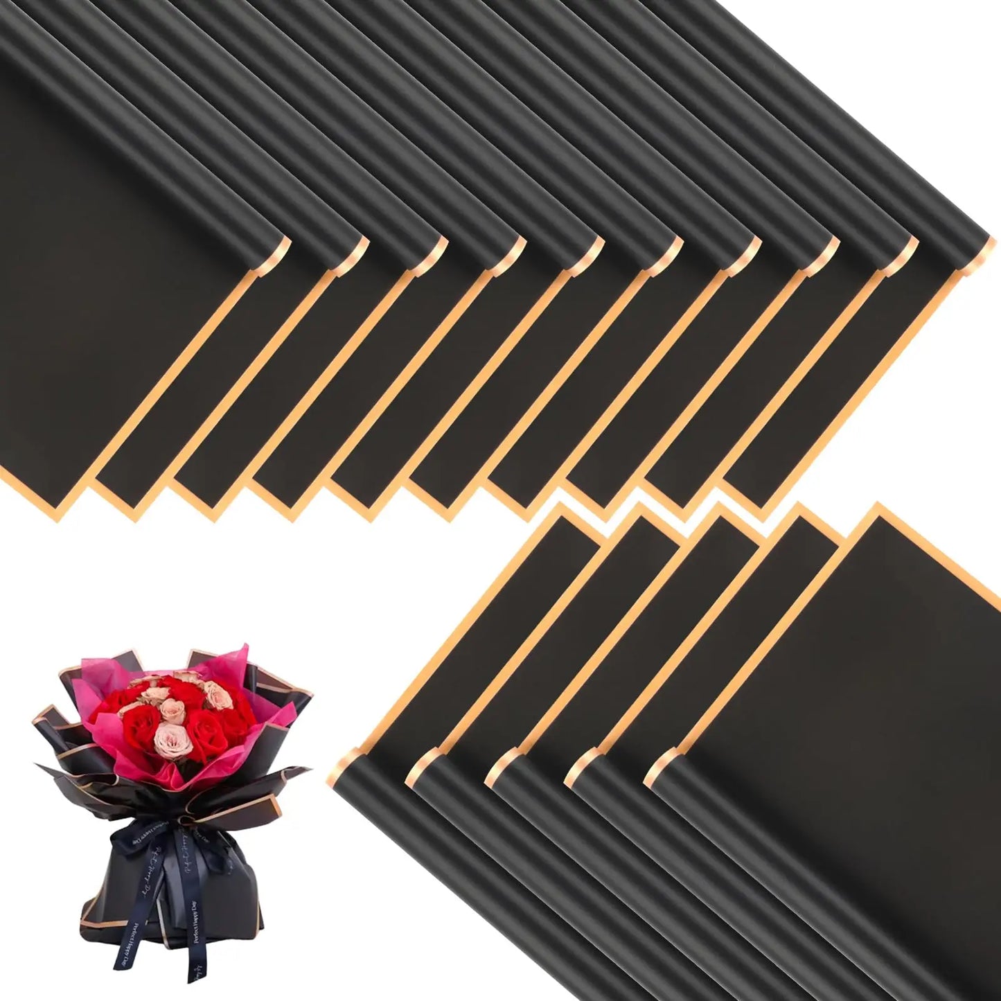 20 Sheets Matte Black Flower Wrapping Paper with Golden Edges, Waterproof Packaging - Perfect for DIY Wedding & Birthday Gifts