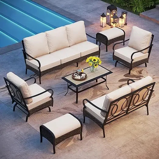 Outdoor Sofa Sets, Wicker Metal Modern Outdoor 7 Pieces Patio Furniture Set with Table,Seat Cushions, Garden Furniture Sets