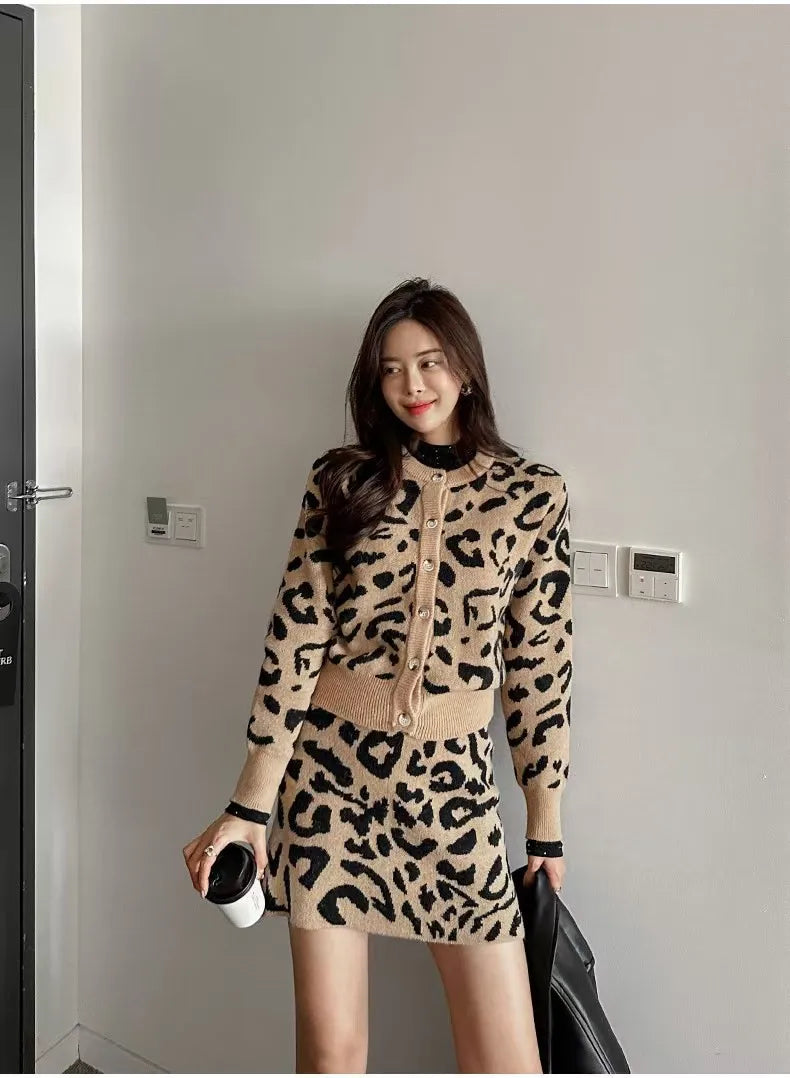 Women's Autumn Vintage Leopard Print Knitted Suit Single-Breasted Cardigan Sweater + Elastic Waist Pencil Skirts 2 Piece Sets