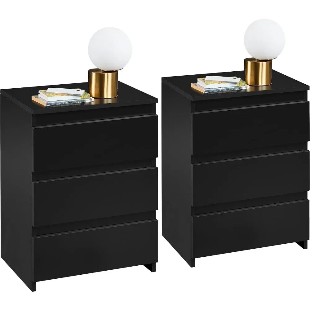 Wood Nightstands Set of 2, Bedside Tables with 3 Drawers, Cabinet Units Accent Tables with Storage Space for Bedroom, Black