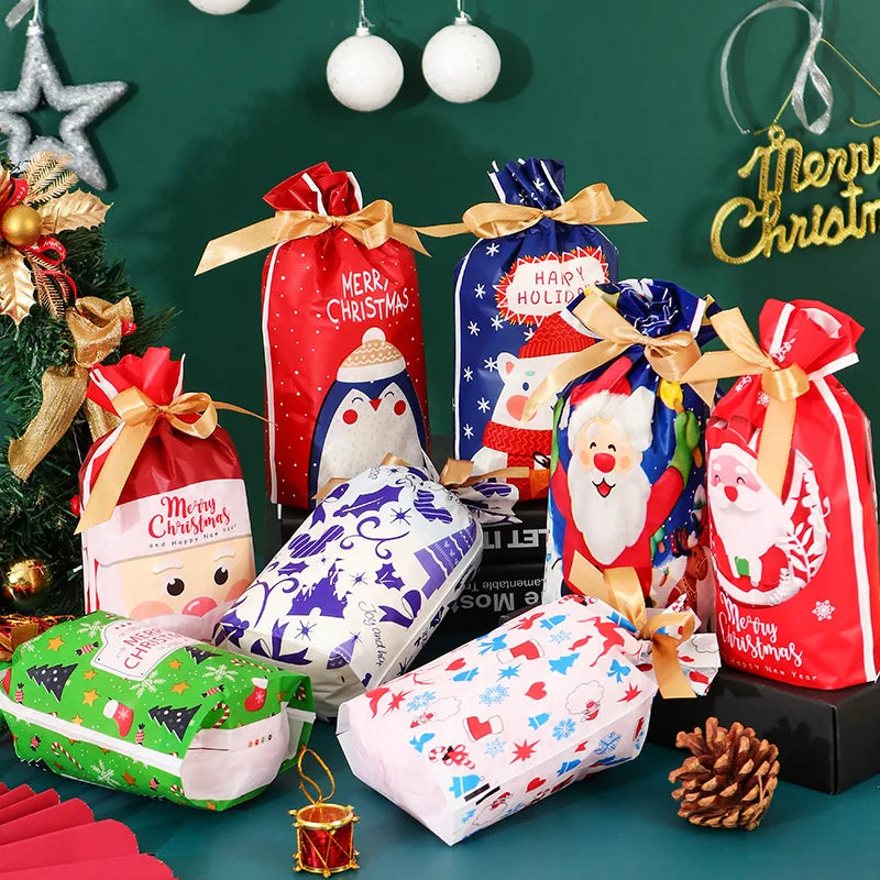 10/20pcs Christmas Plastic Drawstring Bags Candy Cookie Storage Bag New Year Gift Drawstring Wrapping Bags Santa Claus