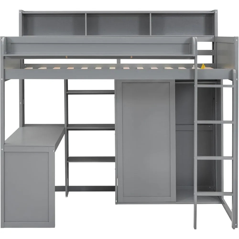 Twin Loft bedrooms Solid Wood Loft Bed with Desk and Multiple Shelves, High Loft Bed Frame for Kids Teens Adults