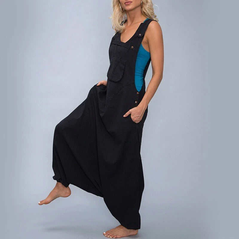 Women Summer Loose Thin Jumpsuits Harem Pants Wide Leg Pants Sleeveless Pockets Bib Jumpsuit Siamese Trousers Large Size S-5XL