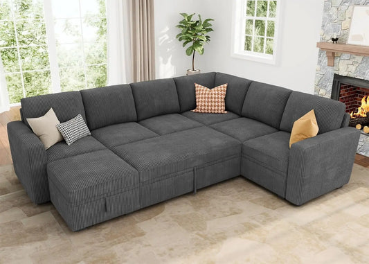 Sectional Couch with Pull Out Bed, Corduroy Sleeper Sofa with Storage Seats Ottoman, U Shaped Sectional Couches for Living Room