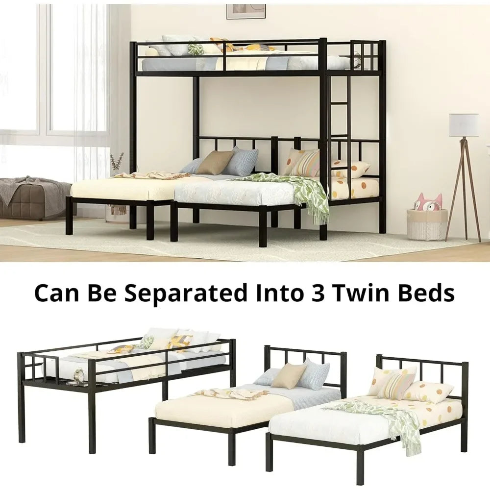 Triple Bunk Bed, Metal Twin Over Twin & Twin Bunk for 3 with Guardrails, Ladder & Upper-Platform, Detachable 3 Bunk for Children