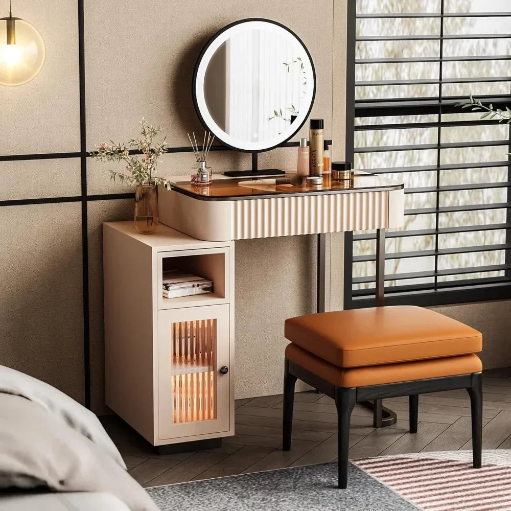 Vanity Makeup Table Small Dresser Desk Mirror with Led Lights Side Cabinet & Shelves Vintage Vanity Chair Stool 4 Drawers