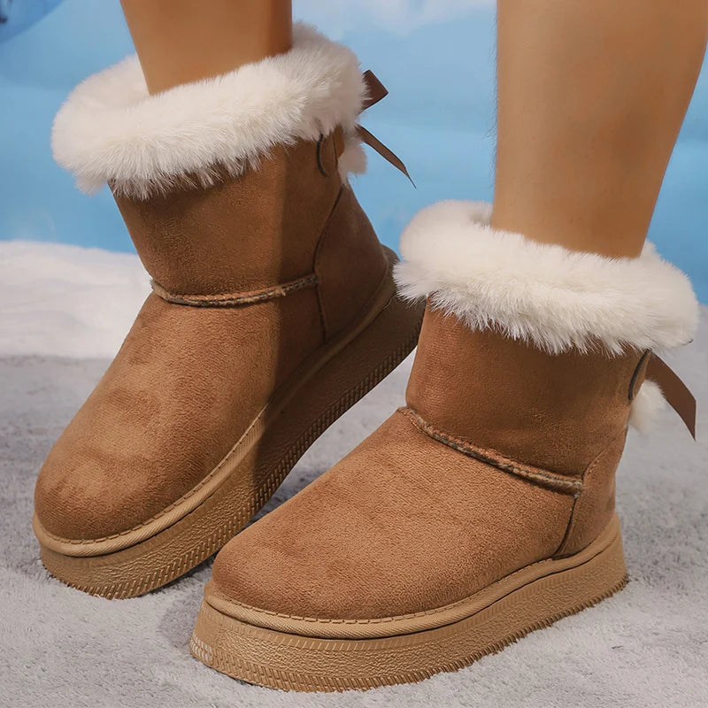 Winter Faux Suede Women Fluffy Snow Boots Warm Plush Platform Ankle Booties Woman Bow Slip On Cotton Boots 36-42