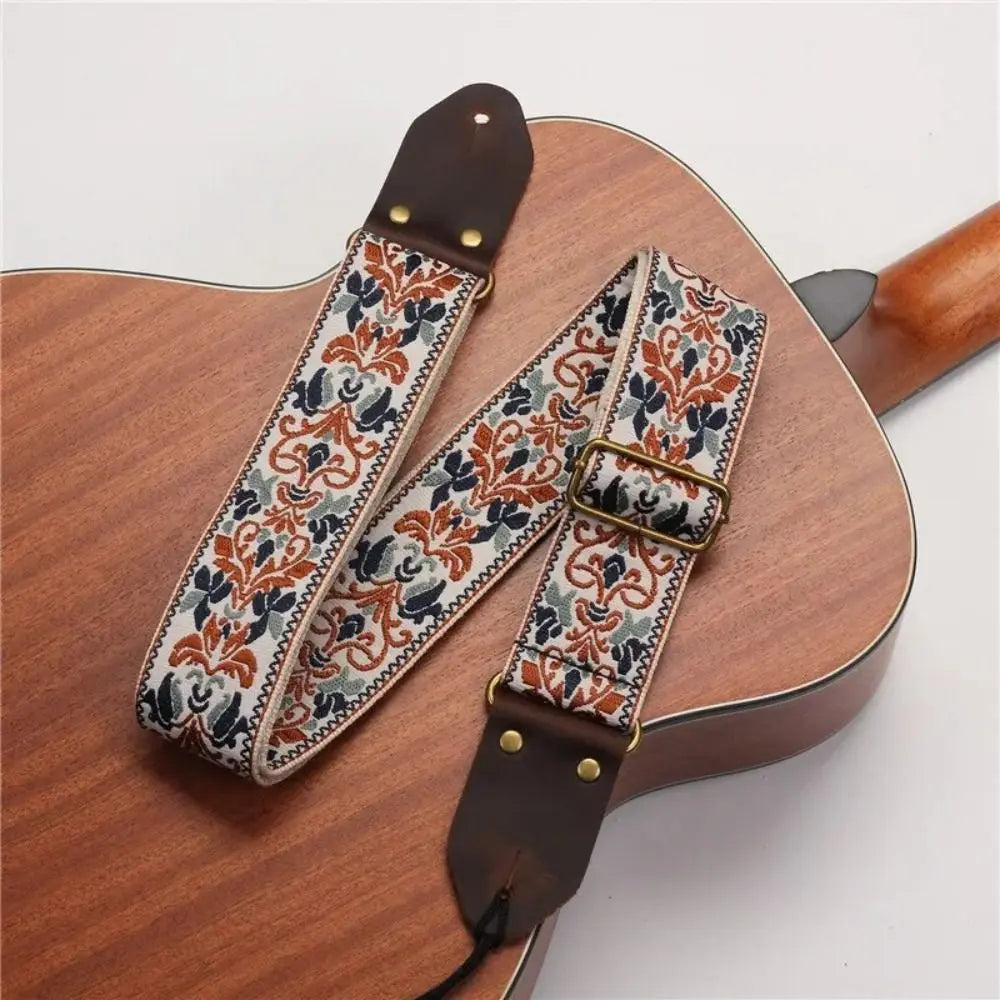 Vintage Flowers Embroidered Guitar Strap Leather Head Tail Nail Pick Guitar Strap Belt Adjustable Ultra Thick