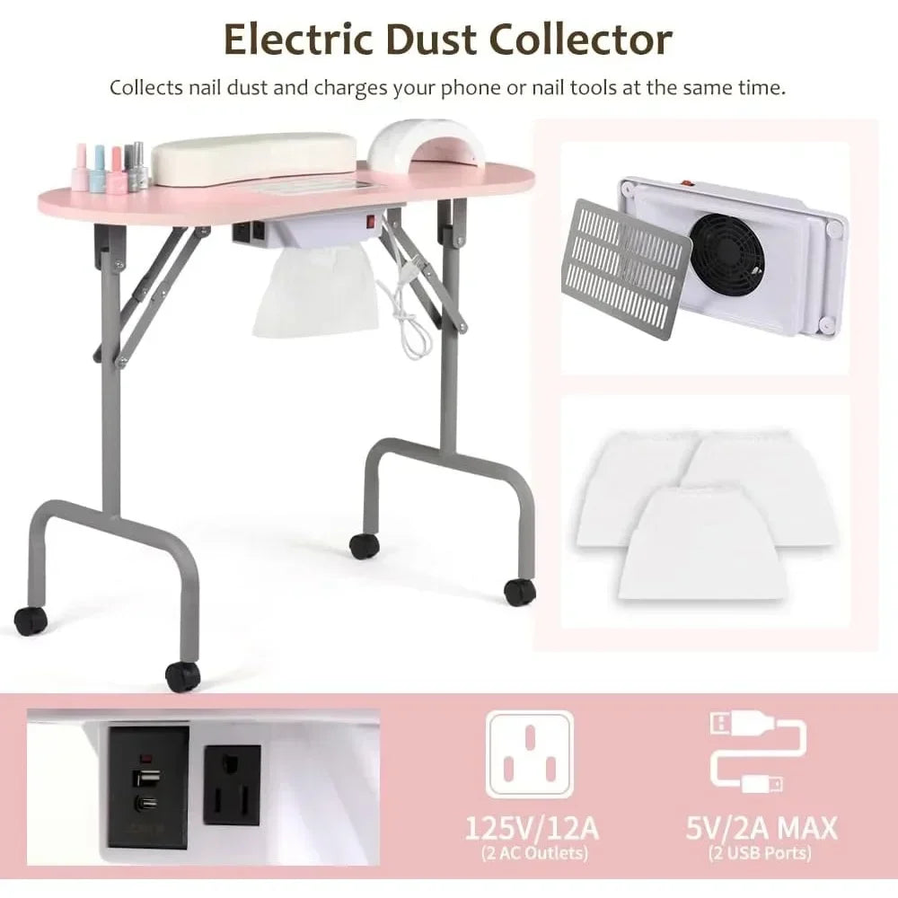 Portable Manicure Table Foldable Nail Desk with Charging Station Dust Collector Professional Nail Tech Table for Technician Spa