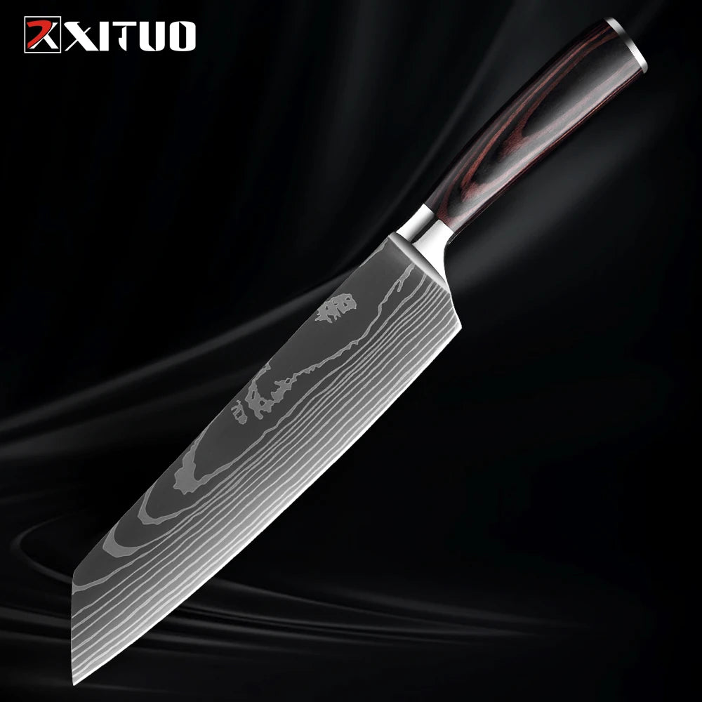 XITUO Kitchen Knife Set 1-9PCS,7Cr17Mov Stainless Steel Sharp Chef Knife Santoku Knife Fruit knife Ergonomic Pakkawood Handle