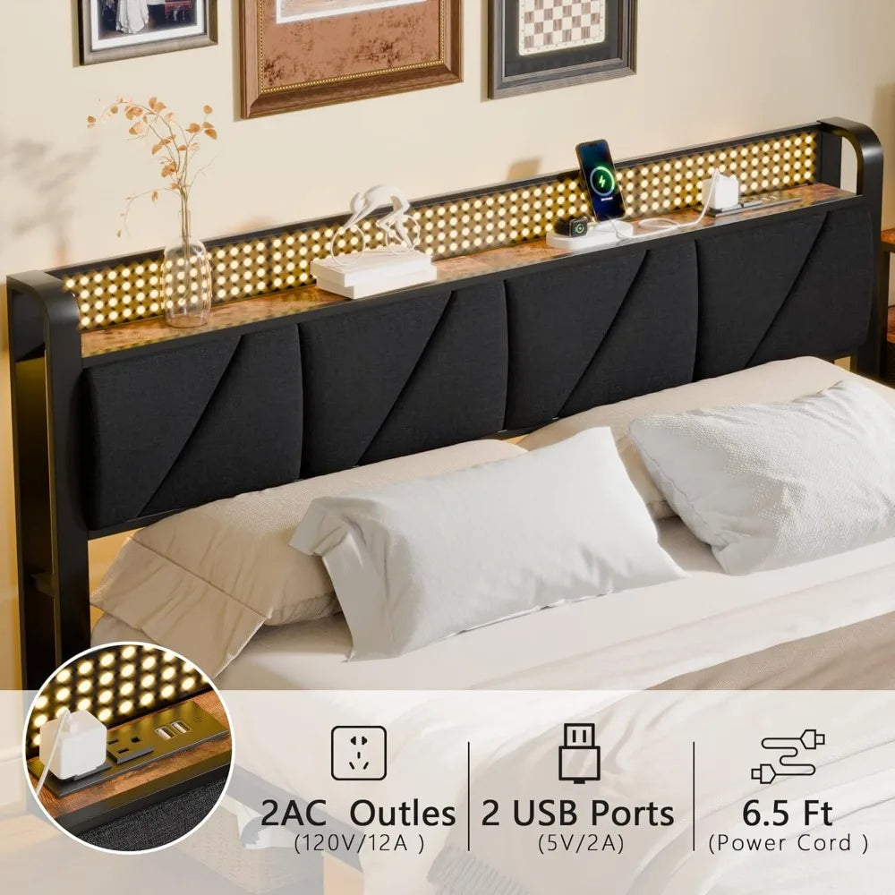 King Bed Frame with Headboard and LED Light, Upholstered Platform with Power Outlet and USB Port, King Size Bed