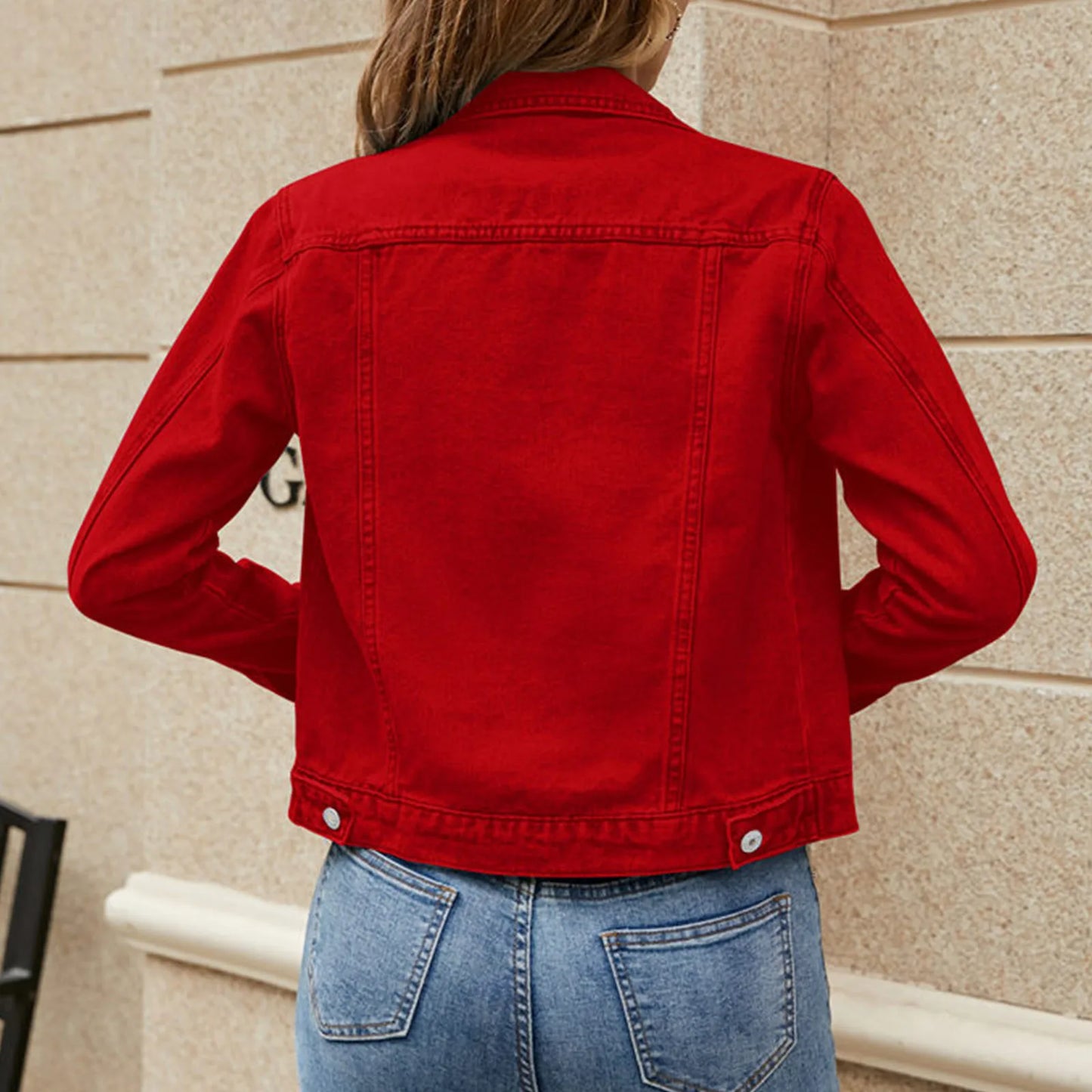 Red Women's Denim Coat Jacket Solid Color Button Down Denim Cotton Jacket With Double Pocket Lapel Denim Jacket Women Crop Top