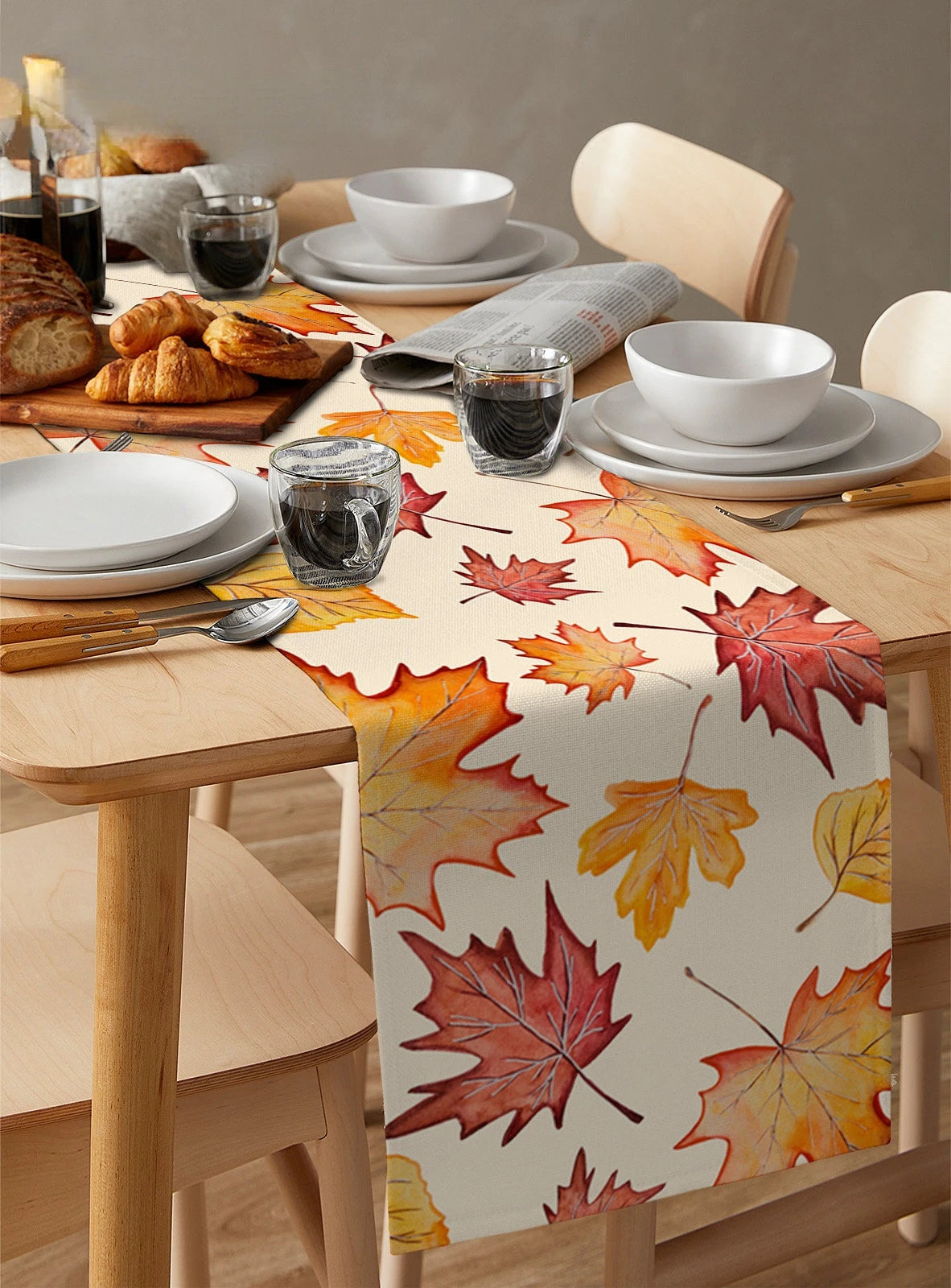 Modern Elegant Autumn Maple Leaves Luxury Table Runner Dining Table Wedding Party Christmas Cake Floral Tablecloth Decoration