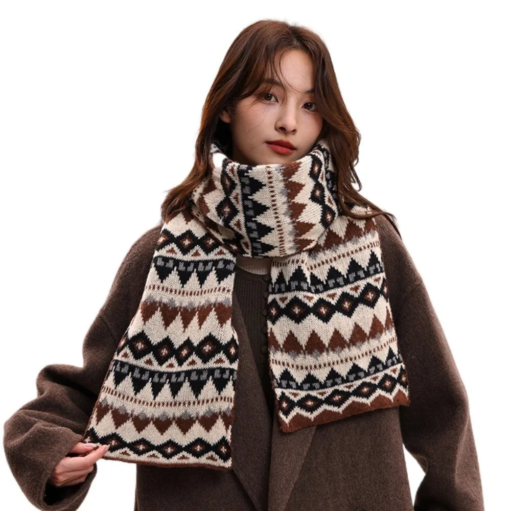 Simple Jacquard Winter Knitted Scarves Thickened Korean Style Women Scarf Keep Warm Crochet Woolen Neckerchiefs New Year Gift