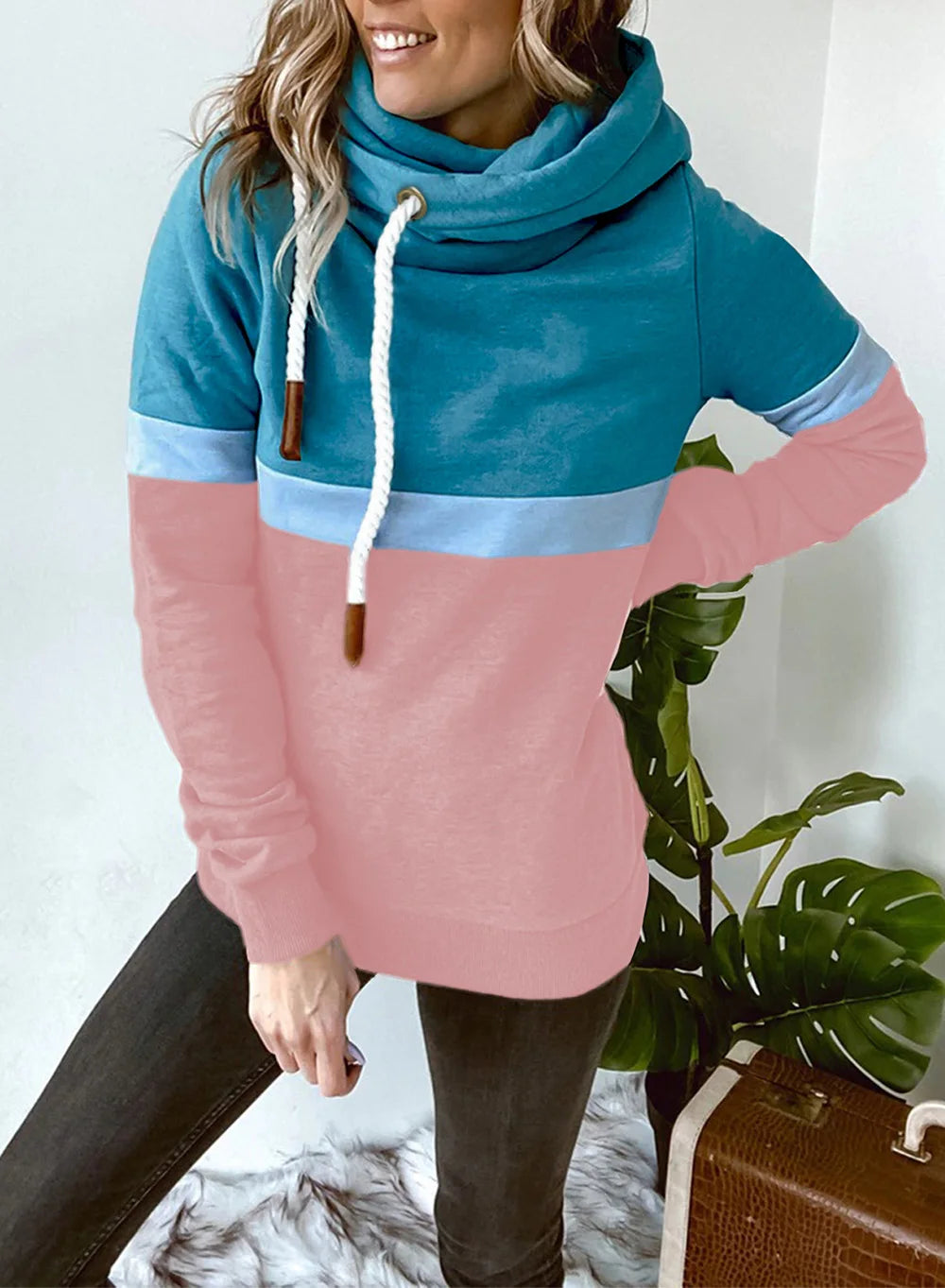 Women's sweatshirt 2024 new autumn and winter solid color stitching casual high collar hooded cross-border sweatshirt for women