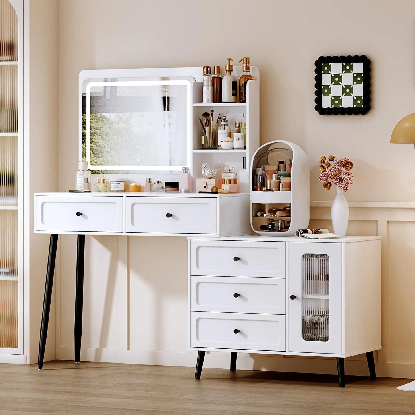 Vanity Desk with Mirror and Lights,Makeup Vanity with Power Outlet and Adjustable Cabinet,Modern Makeup Table with 3 Drawers