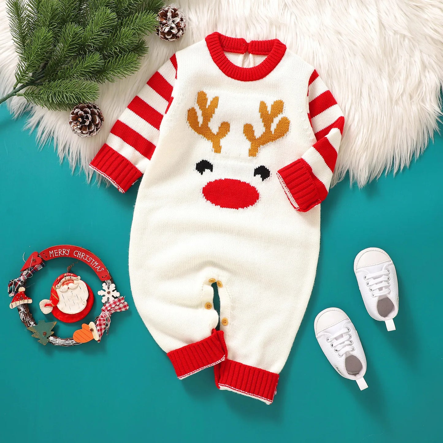 Baby Girls Boys Christmas Knit Romper Elk Pattern Stripe Long Sleeves Round Neck Full Length Jumpsuit Baby Sweater Romper 0-18M