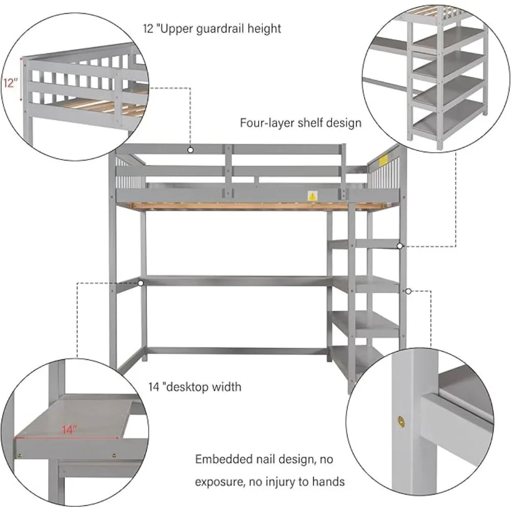 Wood Loft Bed with Desk Twin Size Loft with 4-Storage Shelves and Under Desk Solid Wood Bed, Suitable for bedrooms and children