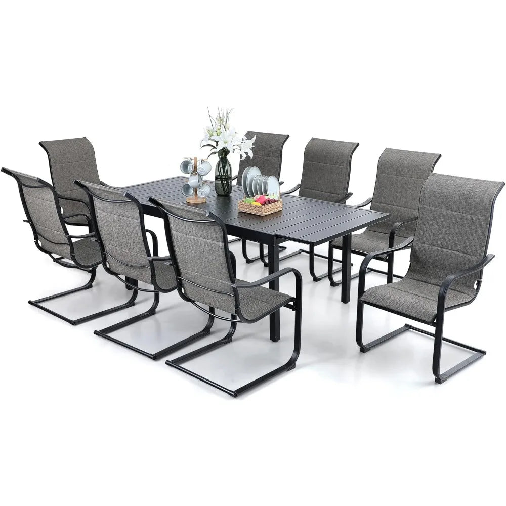 Patio Dining Table and Chairs, Textilene Fabric and Metal Frame, Metal Dining Table with Umbrella Hole,Outdoor Garden Dining Set