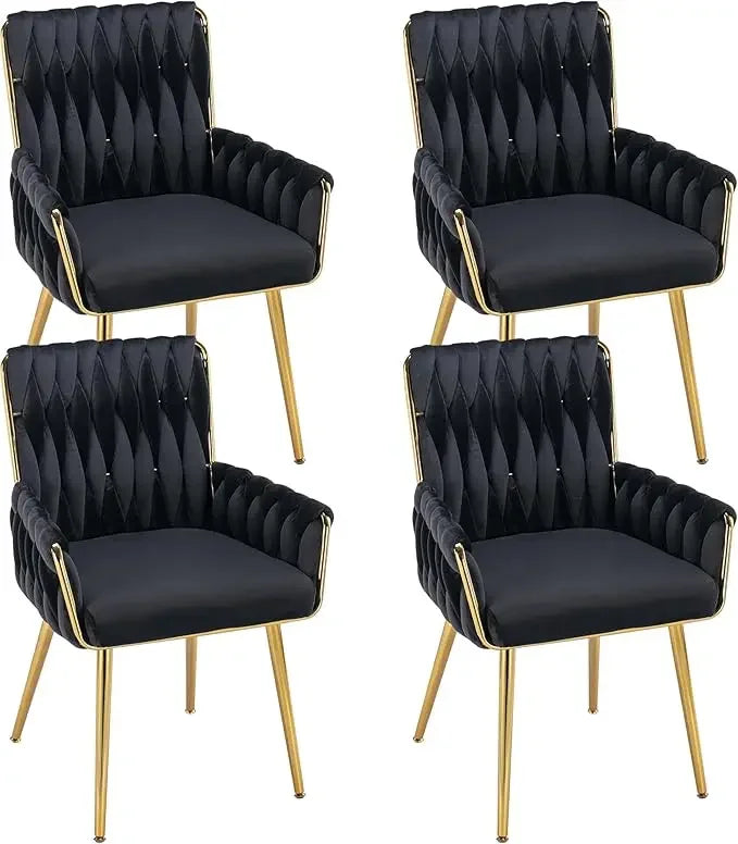 Velvet Dining Chairs Set of 4, Modern Hand Weaving Dining Room Chairs with Golden Metal Legs & Armrest, Dining Chairs