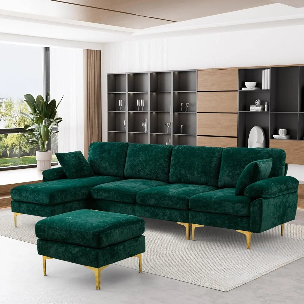 U-Shaped Sectional Sofa Couch, 4 Seat Sofa Set, Convertible L-Shaped Velvet Couch Set with Chaise Lounge, Ottoman and Pillows