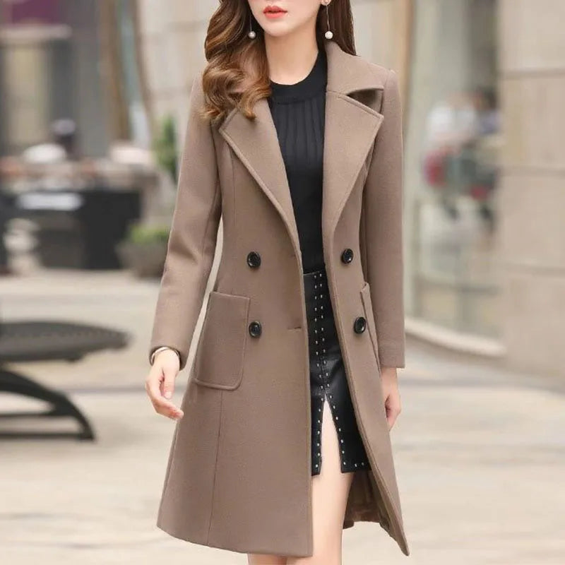 2024 Autumn Winter Women Long Woolen Coats Double Breasted Female Solid Color Slim Fit Outerwear Turn-down Collar Streetwear