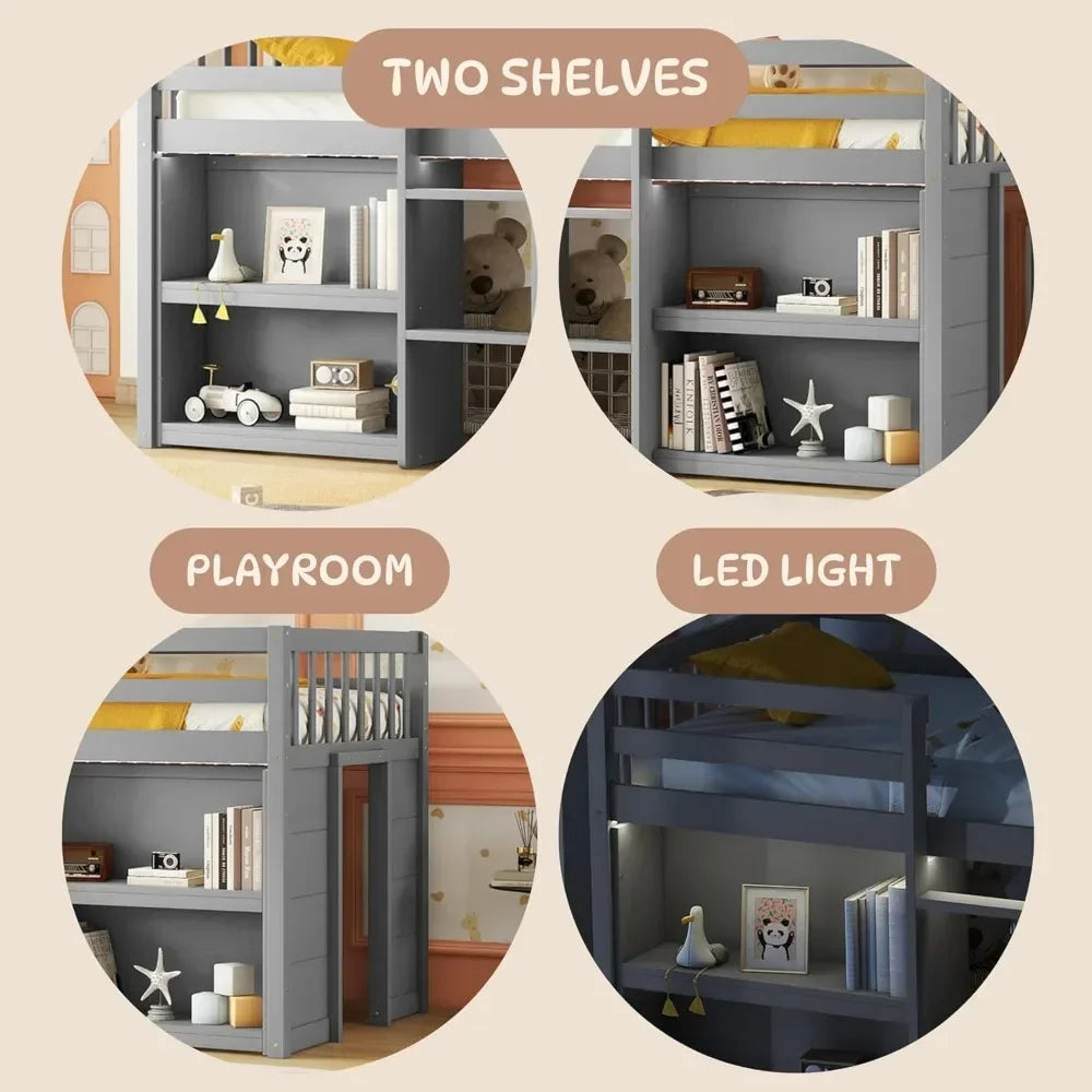 Twin Size Low Loft Bed with Storage Shelves, Wood Kids Twin Loft Bed with LED Light and Shelves, Low Loft Bed for Kids