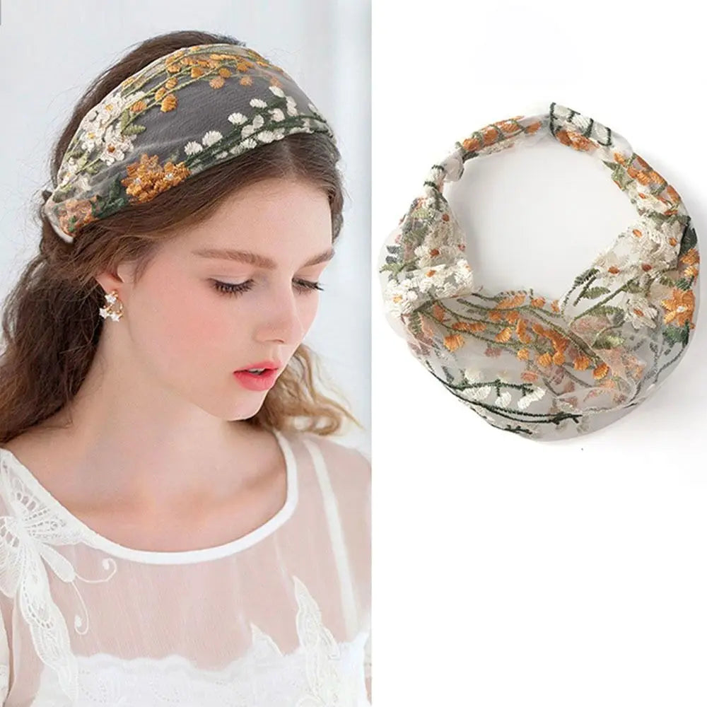 Fashion Multicolor Embroidered Headscarf Hair Cover Wide Edge Flower Pattern Headband Hair Accessories Thin Lace Headwear Female