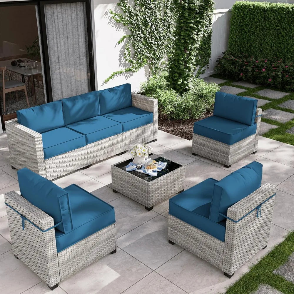 7-Piece Outdoor Patio Furniture Set, Gradient Wicker Sectional Sofa, Wicker Patio Conversation Set, Garden Furniture Sets