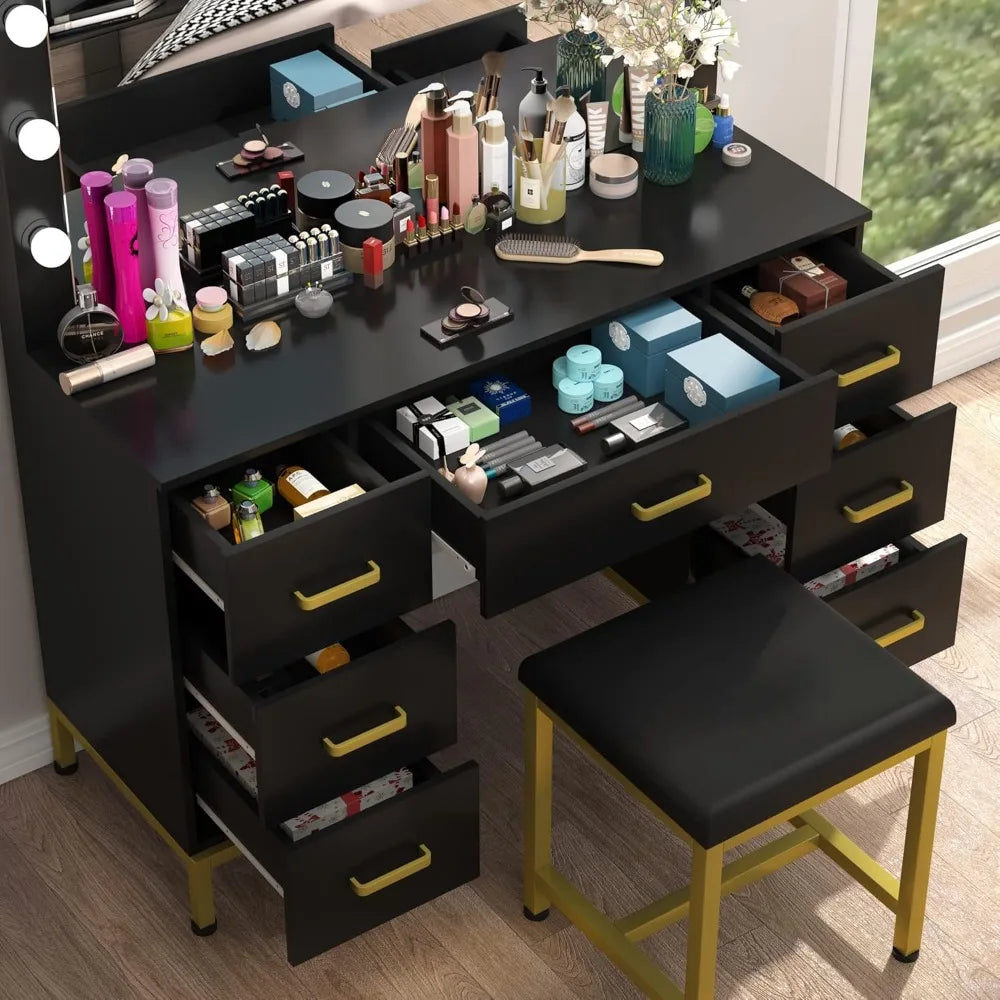 Vanity Makeup Desk - 43.3'' Vanity with Mirror with Lights, 14PCS LED Bulbs, 7 Drawers & Cushioned Stool, Black Vanity