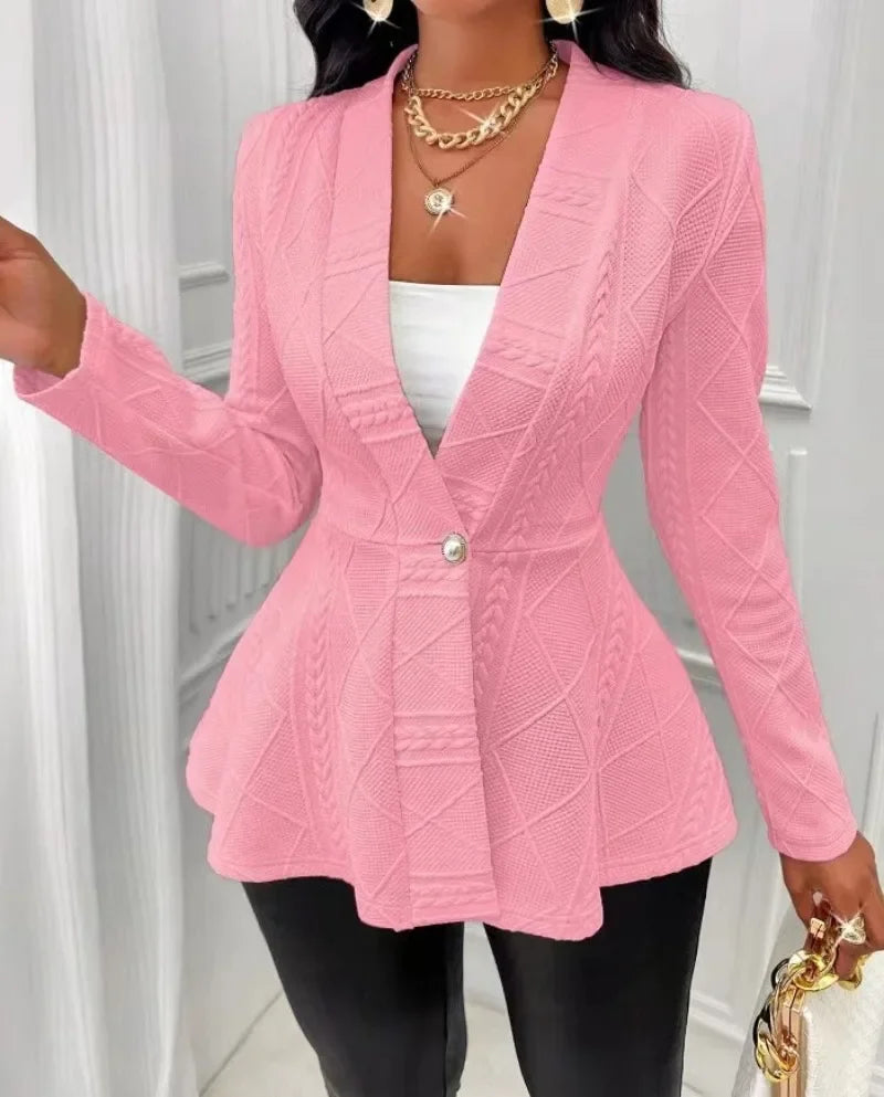 2024 Autumn Women's Chic Textured Jacket With Beaded Buttons V-Neck Ruffled Elegance Long Sleeves Ruffled Hem Perfect Outerwear