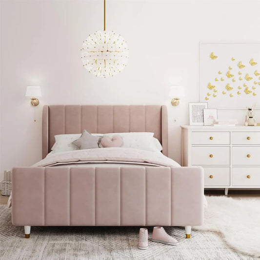 Queen Bed Valentina Kids Upholstered Platfrom Bed Frame Full Pink Bedroom Beds Double Bunk Twin Furniture Home