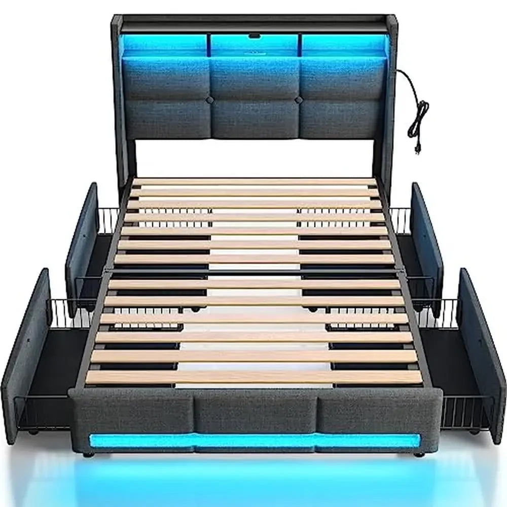 Twin Size Bed Frame with LED Lights USB Charging Station Sliding Drawers Grey Linen Storage Shelf