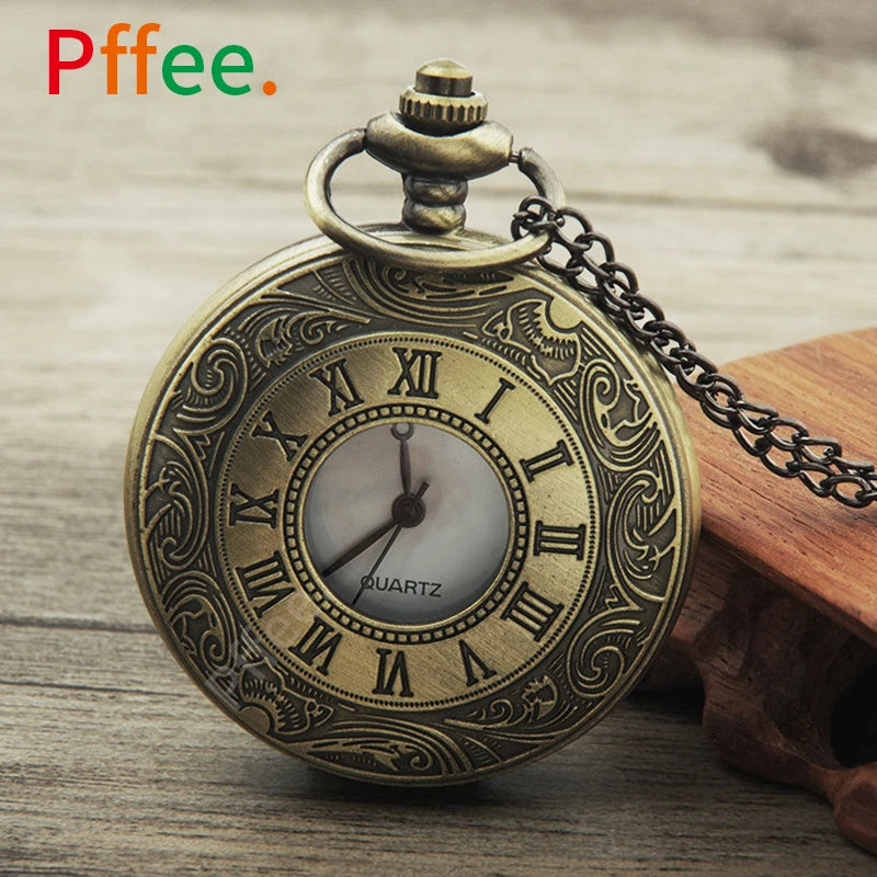 Pffee Roman Numerals Quartz Antique Pocket Watch Chain Men Women Steampunk Vintage Clock Reloj One Piece Best Gift For Men Women