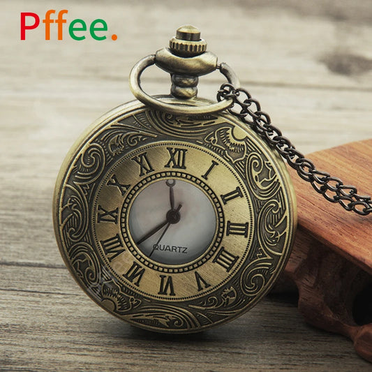 Pffee Roman Numerals Quartz Antique Pocket Watch Chain Men Women Steampunk Vintage Clock Reloj One Piece Best Gift For Men Women