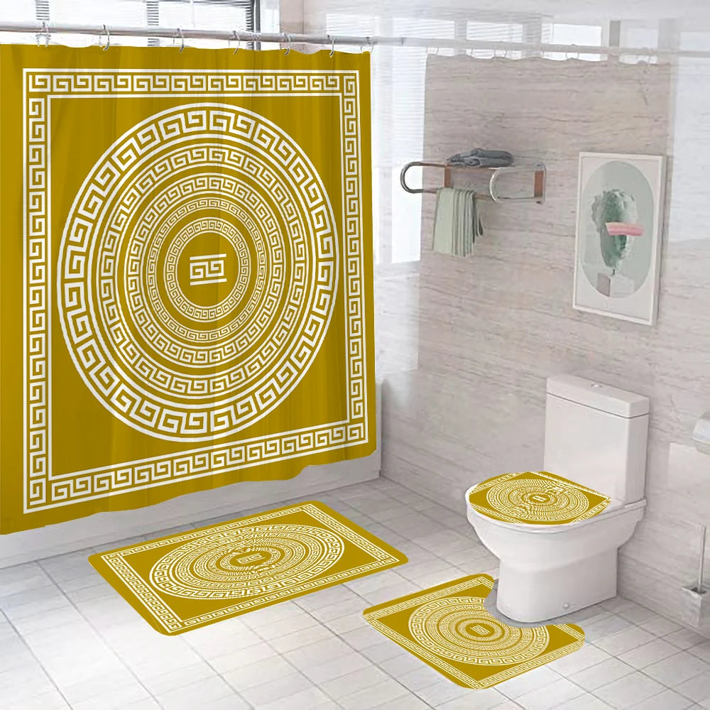 Ethnic Greek style Shower Curtains Waterpoof Bathroom Curtain  Traditional Meander Border Bath Curtain Set Bath Mats Rug Decor