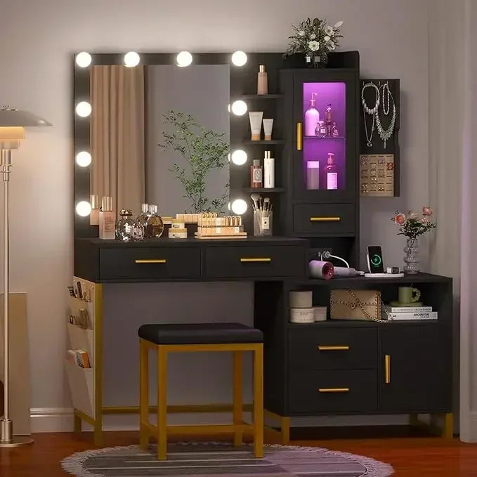 White Vanity Desk with Mirror, Lights and Charging Station with RGB Cabinets and 3 LED Light Modes, Large Makeup Table Set