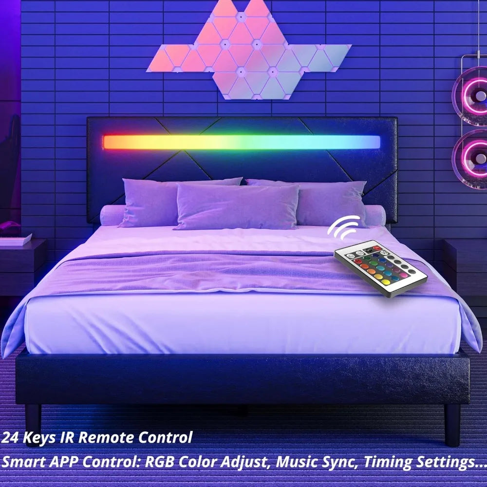 Bed Frame with LED Lights(Smart APP Control), Upholstered Modern Platform Bed Frame, No Box Spring Needed, Bed Bases