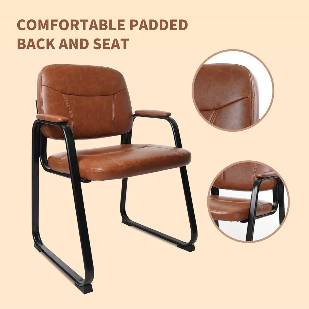 Waiting Room Reception Chairs No Wheel, Leather Guest Chair with Padded Arms, Modern Brown Office Desk Chairs with Sled Base